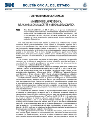 Real Decreto 285/2021 de comercialización de productos fitosanitarios